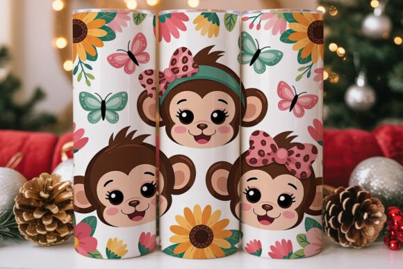 Cute Monkeys and Sunflowers Tumbler Wraps Graphics